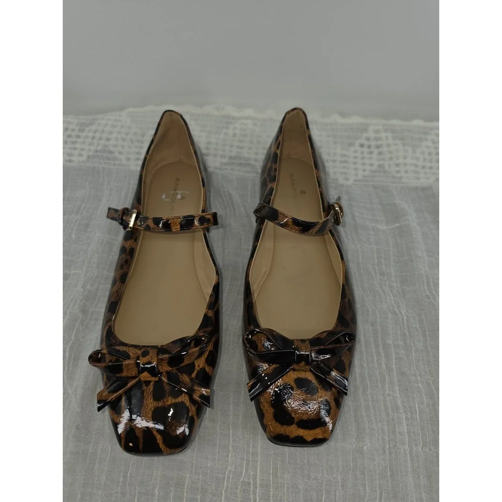 Bandolino Juletta Mary Jane Flats Leopard Patent Bow Square Toe Women's Size 7.5